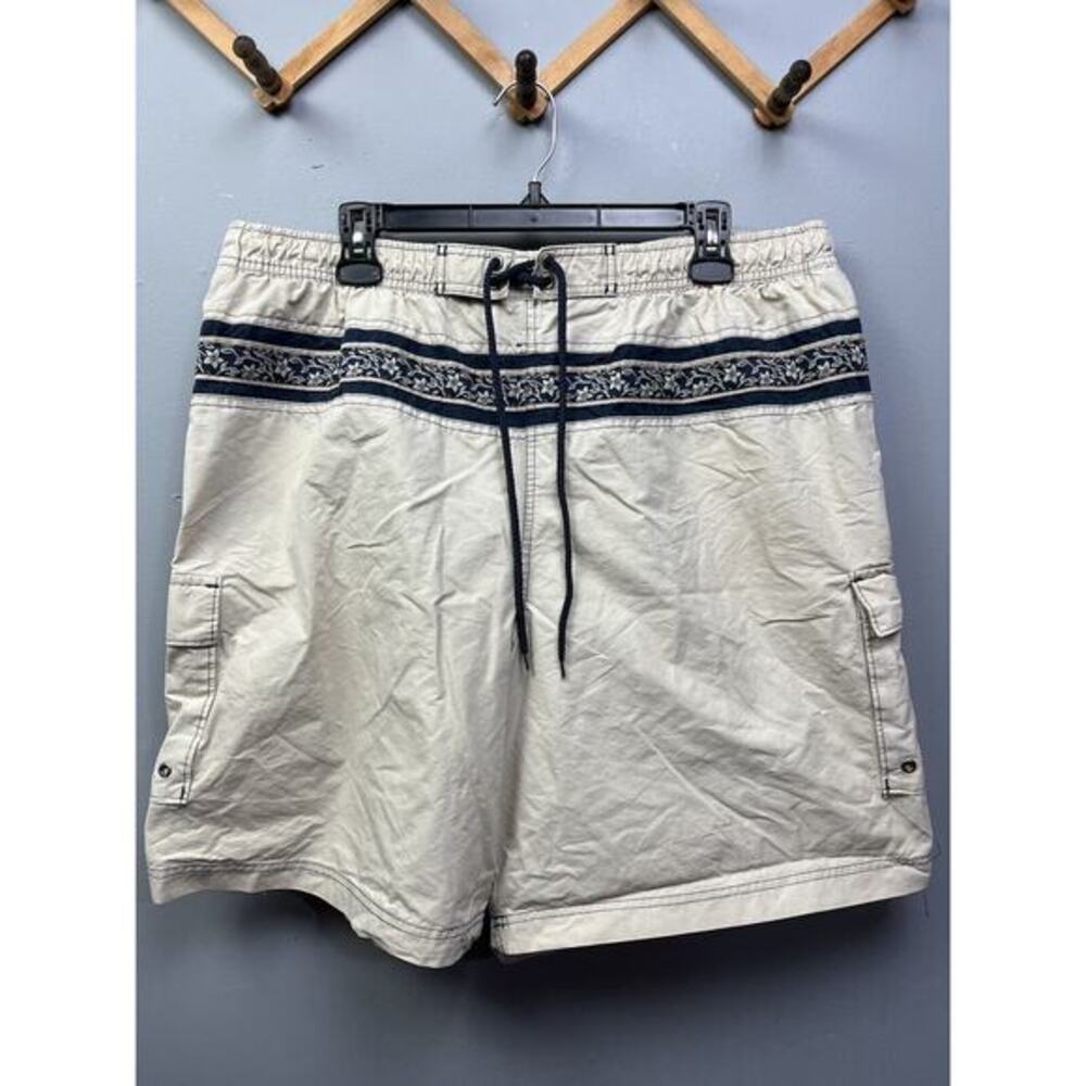 Islander Swim Trunks Mens XL Beige Navy Floral Embroidered Cargo‎ Shorts Pull-on